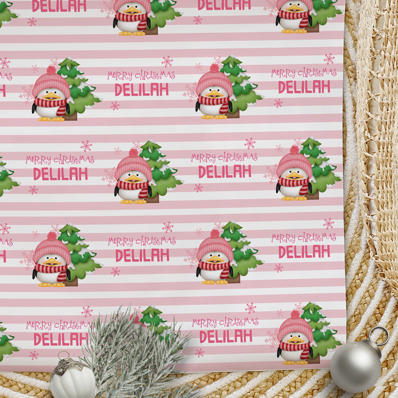 Christmas Wrapping Paper Pink Penguins