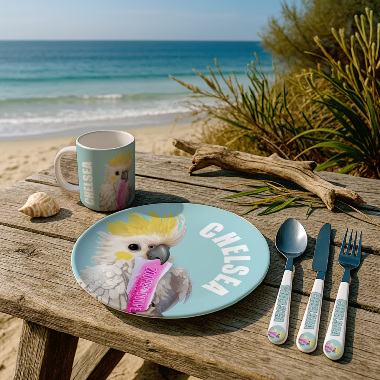 Personalised adult melamine camping dinner set designed and printed on the Gold Coast by Ink and Fold