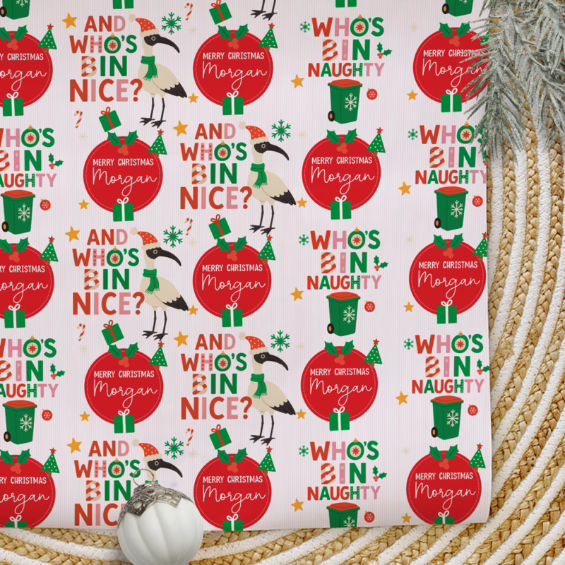 Personalised Christmas Wrapping Paper - Bin Chicken Naughty Nice